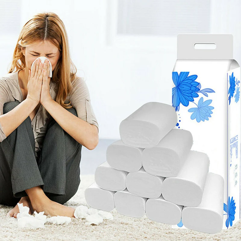 

Hot 12 Roll Strong Soft 4-Ply Toilet Paper Home Bath Tissue Bulk Roll Skin-friendly Primary Wood Pulp Toilet Paper Tissue t6