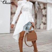 2021 celmia fashion women white blouse long shirts asymmetrical tunic tops lapel long sleeve casual solid party blusas femininas