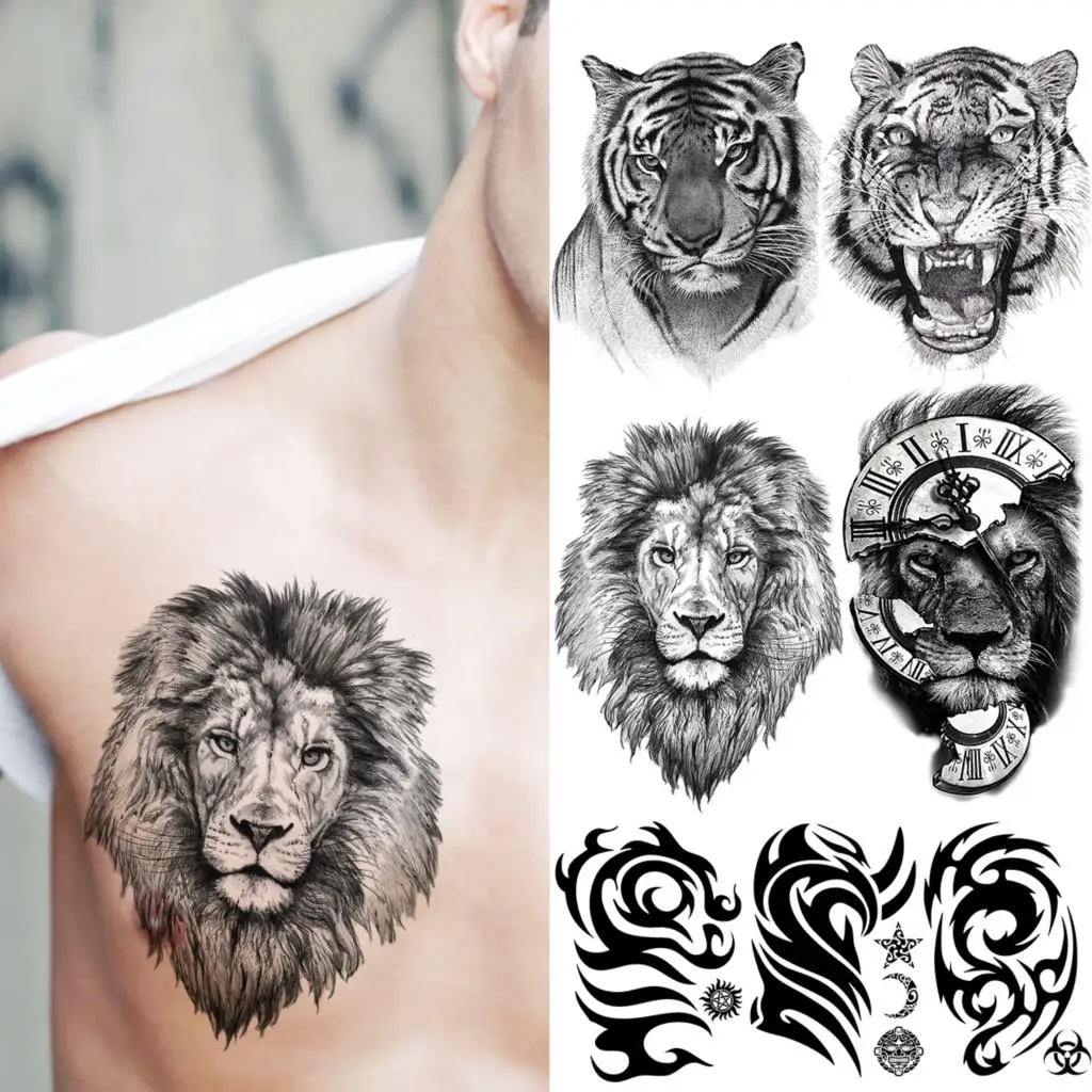 

Lion Temporary Tattoos For Men Boys Realistic Tiger Thorns Star Moon Fake Tattoo Sticker Chest Arm Waterproof Tattoos Creative