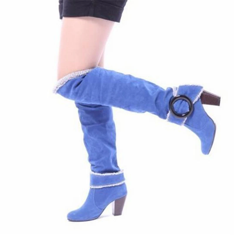 Женские сапоги на высоком каблуке WBS105 зимние до колена с большой пряжкой большие