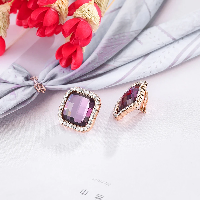 Серьги клипсы без пирсинга женские большие квадратные украшения со стразами в