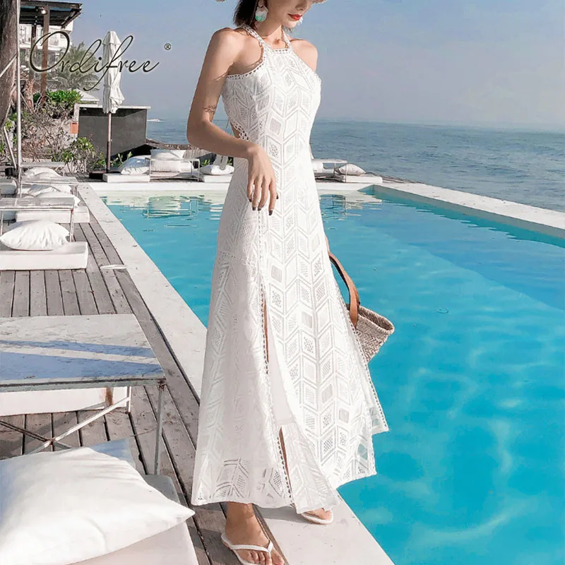 

Ordifree 2022 Summer Women Chiffon Halter Dress Backless See Through Bodycon Side Slit Female Long Dress