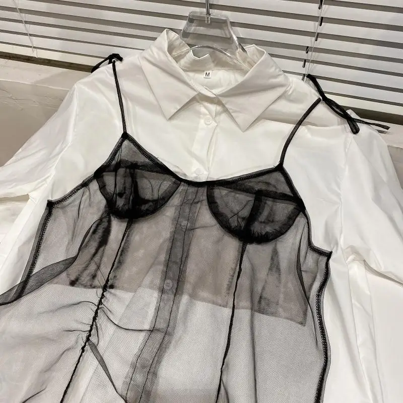 

2021 Summer Female New Fashion Model Style Mesh Camisole Stitching Short-Sleeved Shirt Women Fashion Simple Office Lady Blusas