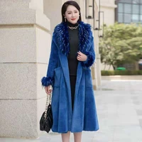 invierno blue faux rabbit fur coat female long detachable fur collar belt faux fur outwear women 2020 winter pocket black b15