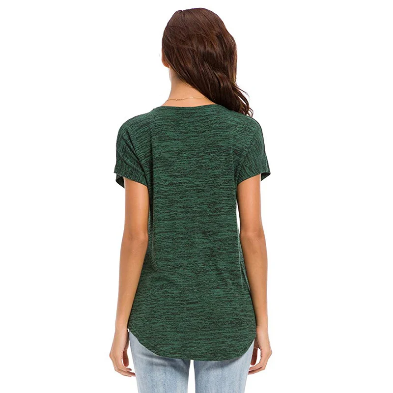 

Pop Women T-Shirt Solid Color Loose V Neck Front Zipper Short Sleeve Tops For Summer Pop 88