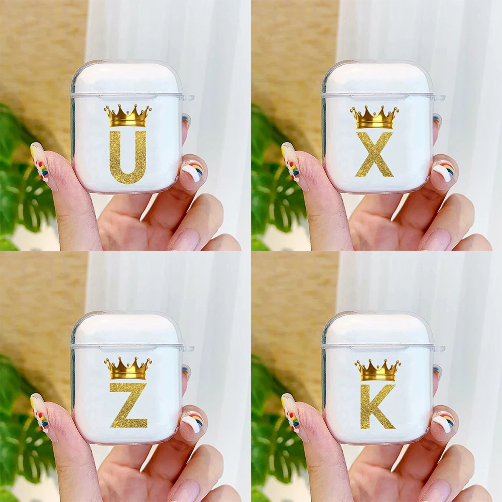 

2021 Cute funda Gold Initial Alphabet Letter Case For AirPods 2 1 cover Silicone Wireless Bluetooth Earphone Box coque king etui