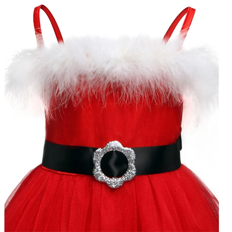 

Girls Red Christmas Dress Fur Collar Elegant Party Ball Gown Winter Xmas Festival Evening Dresses for New Year Princess Costumes