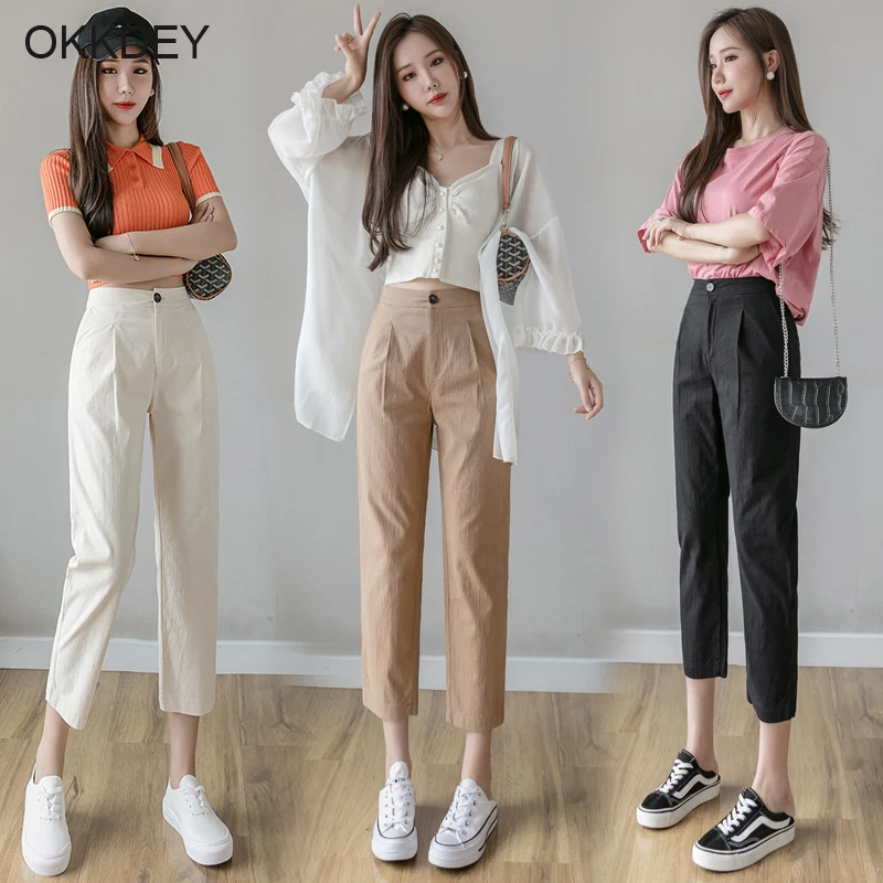 

Harem Pants Mid Waist Casual Pants Women Straight Loose Women's Korean Slim Plus Size Nine Pants Fashion Overalls Zipper Buttons