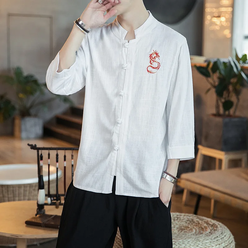 

#8129 Embroidery Dragon Chinese Style Stand Collar Casual Vintage Cotton Linen Shirts Men Three Quarter Sleeved Men's Shirts