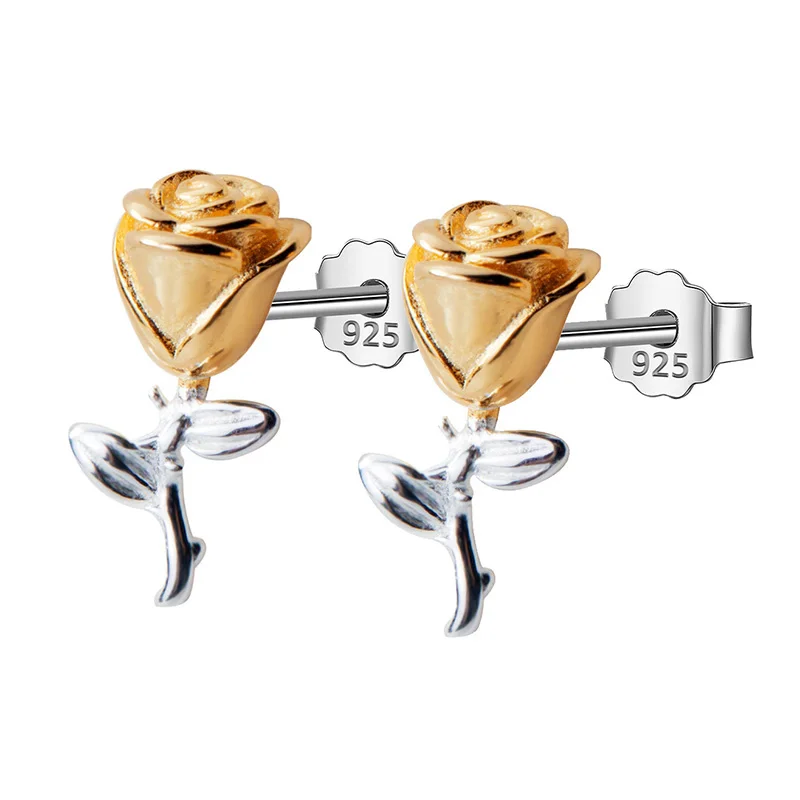 Gold Flower Trusta, 925 пробы, серебряные серьги, ювелирное изделие, модные серьги-гвоздики в виде цветка розы, подарок для девушки, подруги, подростка, DS1534 - Окраска металла: Gold Flower