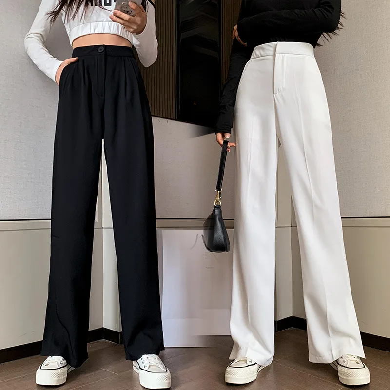 

Limiguyue Suit Pants Women High Waist White Wide Leg Pants Fashion Loose Split Hem Trousers OL Lady Straight Pantalones K1072