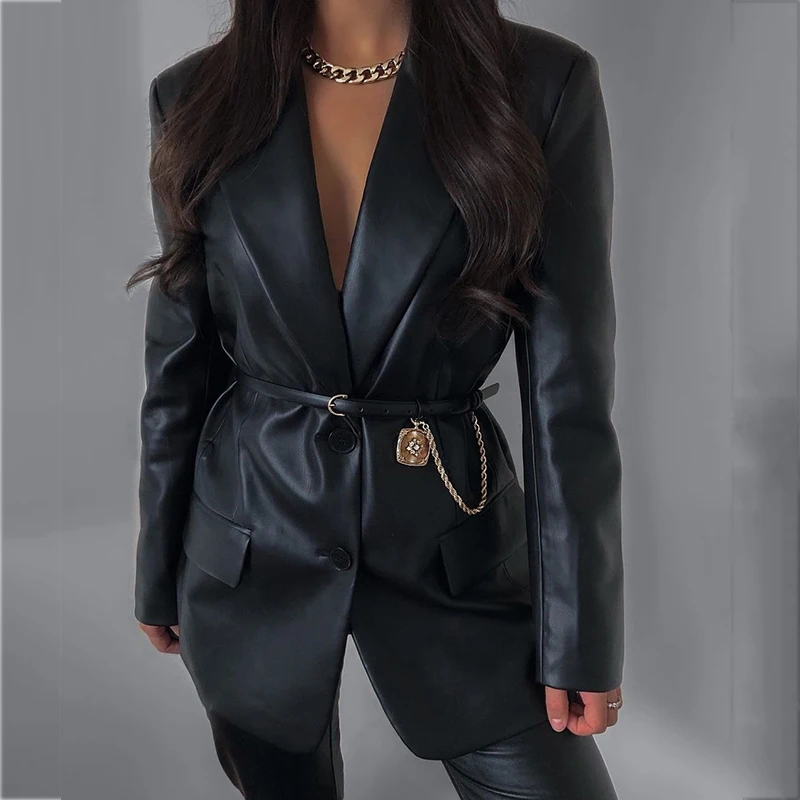 

Vintage Streetstyle Black Double Breasted Faux Pockets Coat Autumn Winter Faux Leather PU Blazer Jacket Women Top