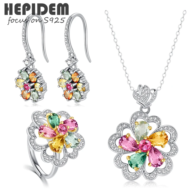 

HEPIDEM Rotate 100% Tourmaline Necklace Rings Earrings 2022 Women Red Stone Gem S925 Fine Jewelry Sets 925 Sterling Silver 1419