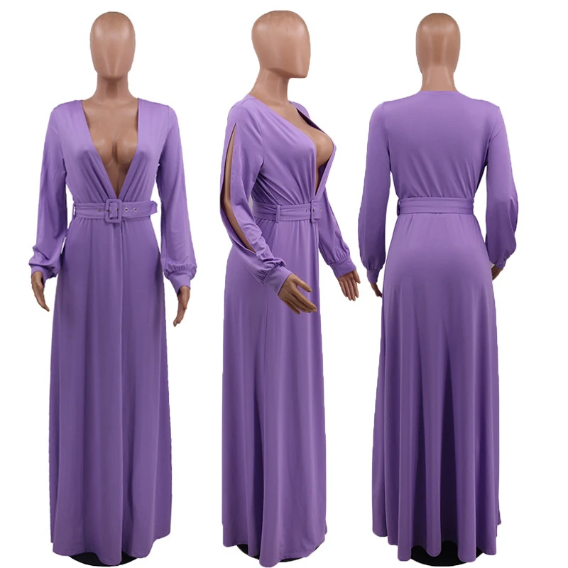 

Zoctuo Women Solid Maxi Dress With Belt Casual Sexy Dresses For Women Split Long Sleeve Dress Cardigan Club Party Dresses