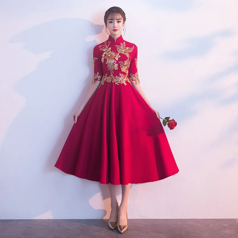 

Пикантное вечернее платье Qipao с воротником-стойкой, блестками, цветочной вышивкой и птицами, на пуговицах ручной работы, вечернее платье, пл...