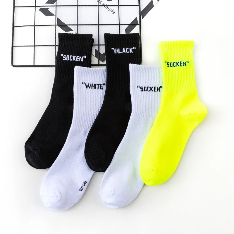 

Уличные модные хлопковые взрослые носки средней длины Socken черный Whie Ox 001 флуоресцентные светящиеся неоновые желтые повседневные Простые ми...