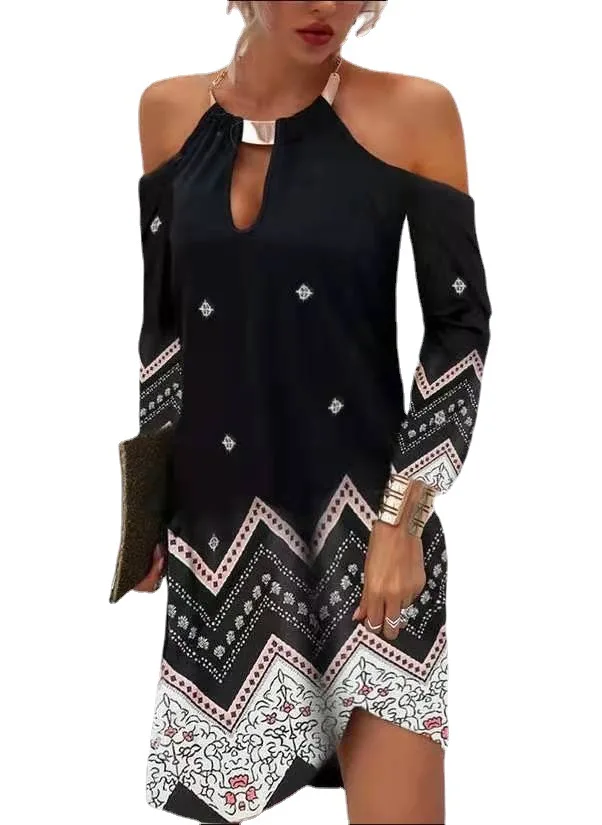 

2021 spring and summer new printed suspender slim long-sleeved A-line skirt dresses women