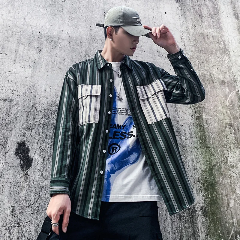 Мужская одежда 2020 осенний Гонконгский стиль рубашка в полоску с длинными