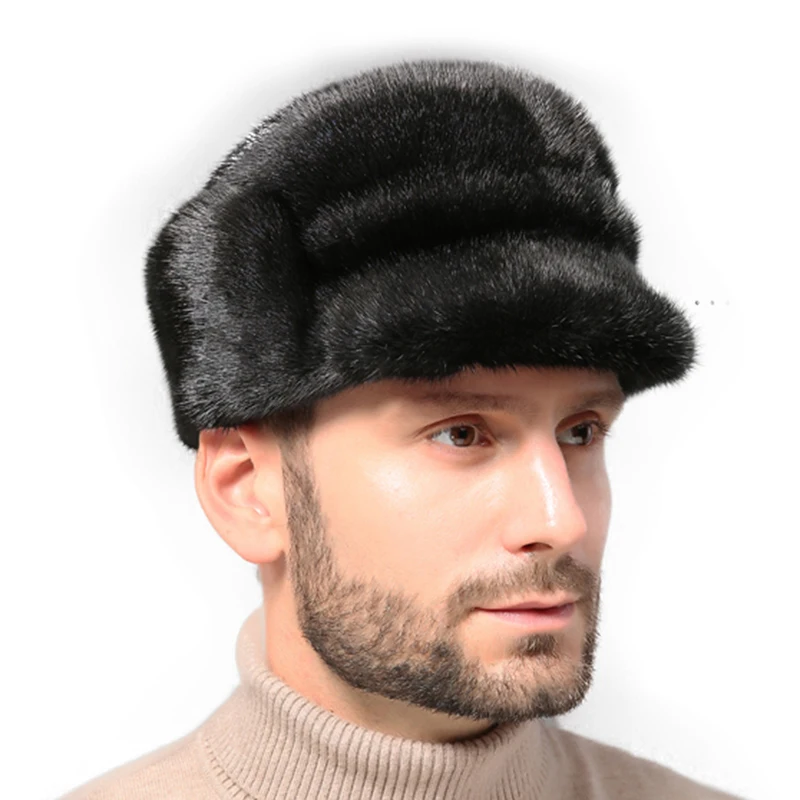 Мужская шапка из меха норки Белая теплая для осени и зимы 2019|Мужские шапка-бомбер|