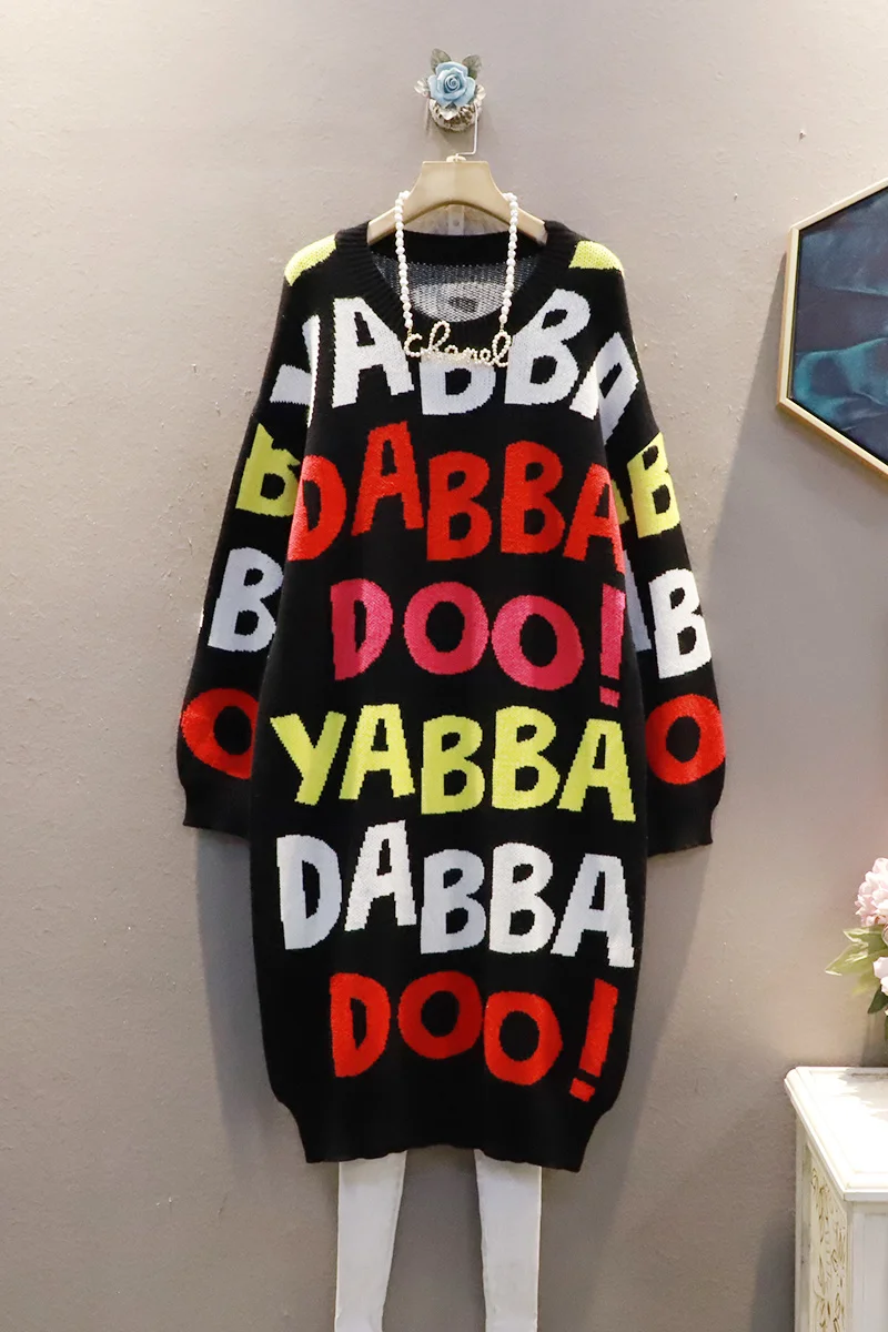 QING MO Letter Pattern Round Neck Knitted Sweater Dress Women 2021 Autumn New Fashion Loose Large Size Black Green ZWL790 | Женская