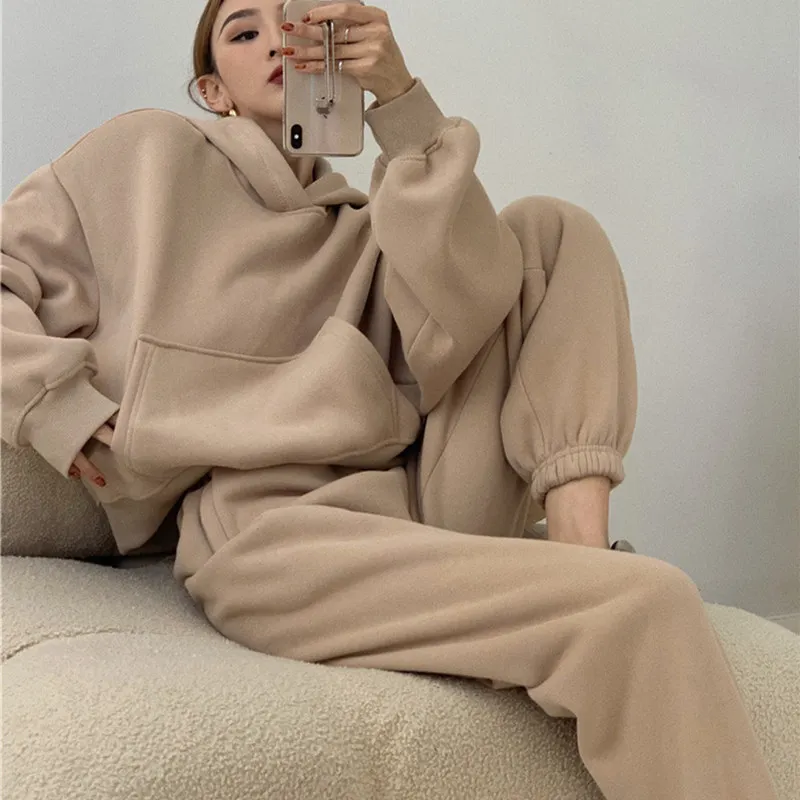 

Pure Color Loose Long Sleeve Knit Hoodie Women Fall 2021 Sports Suit 100% Cotton Hoodie