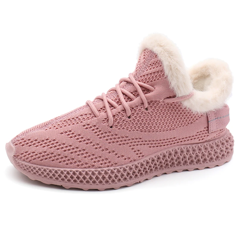 Pink with Fur Женские кроссовки из сетчатого материала на шнуровке; однотонная обувь на плоской платформе с закрытым носком; тканевая трикотажная женская обувь на танкетке; сезон весна-осень; 812W - Цвет: Pink with Fur