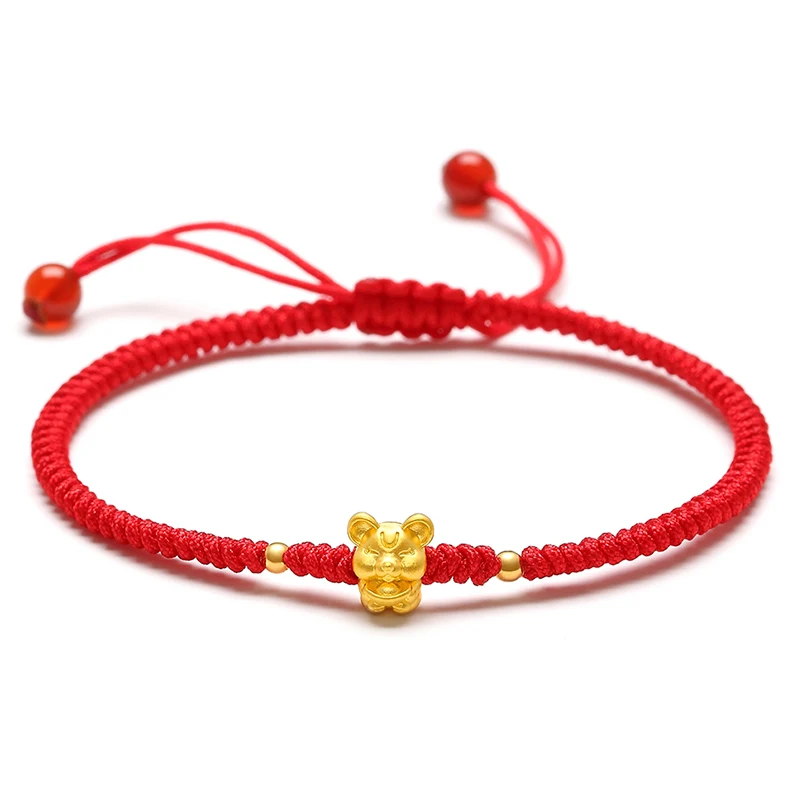 Настоящая 24K цепочка из желтого золота 3D год браслет с подвеской в виде мыши для