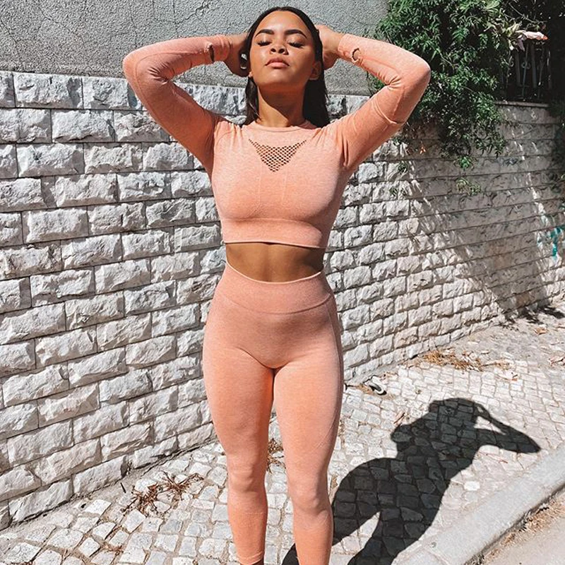 

Женская одежда hirigin, спортивный комплект для йоги, тренировочный костюм для тренажерного зала, вязаная рубашка с длинным рукавом + облегающи...