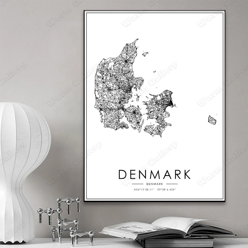 Черно-белая карта города Дания Дании плакат HD печать настенное искусство холст