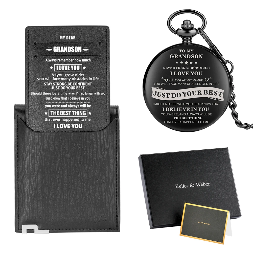 My Dear Grandson I Believe In You Practical Gift Pack Classic Black Leather Wallet Steampunk Pocket Watch  Pendant White Dial