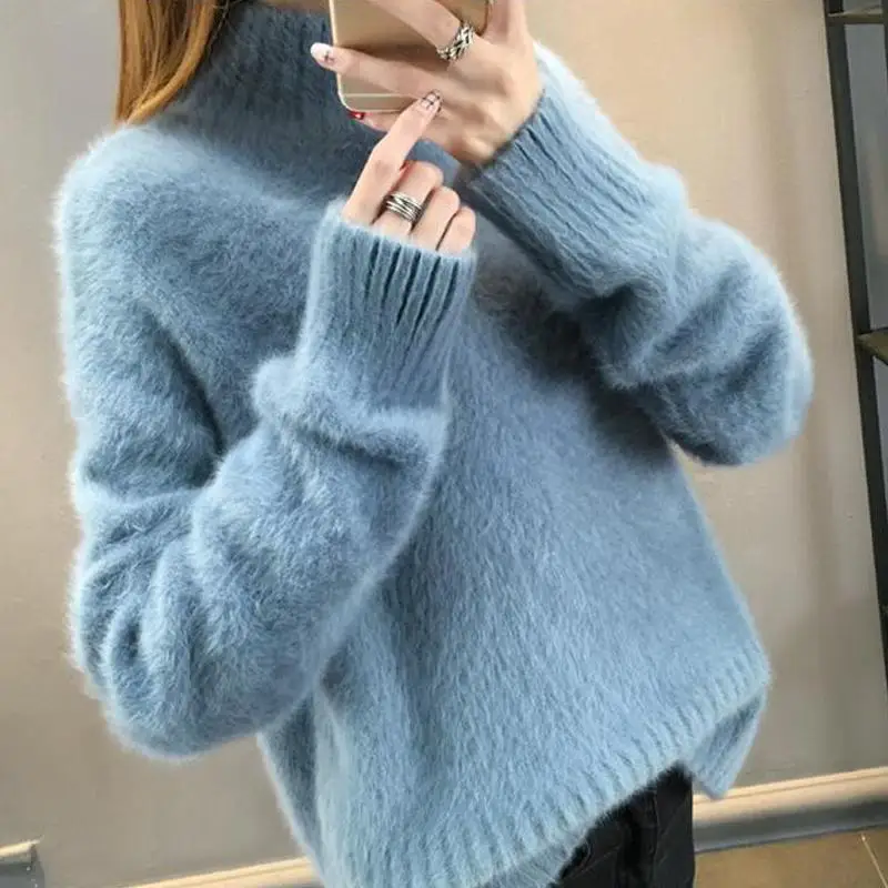 

Non-Shedding Imitation Mink Velvet Sweater Women's Bottoming Shirt 2023 New Winter Coat Thick Half High Neck Pullover Female Top