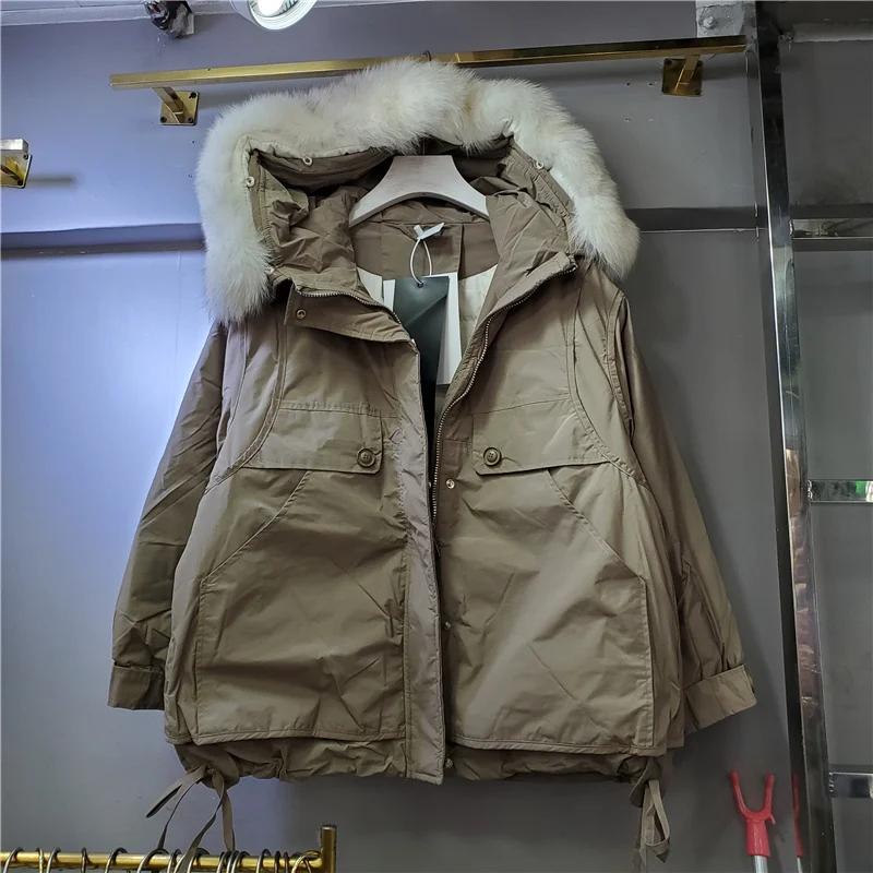 

SeeBeautiful LooseThick Coat Removable Fur Collar Hooded Long Sleeve Zipper Pockets Warm New Fashion 2021 Winter Women G771