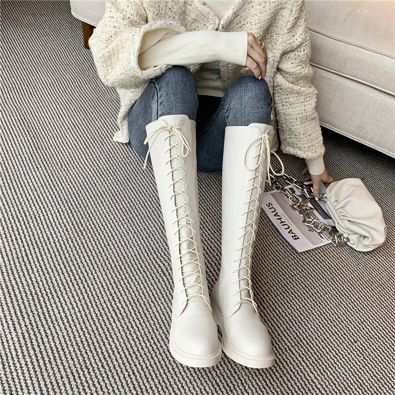 

COVIBESCO Fashion Women Knee-High Boot Back Zipper Corss-Tied Long Shoes Woman Thick Heels 2020 Autumn Winter New Round Toe Boot