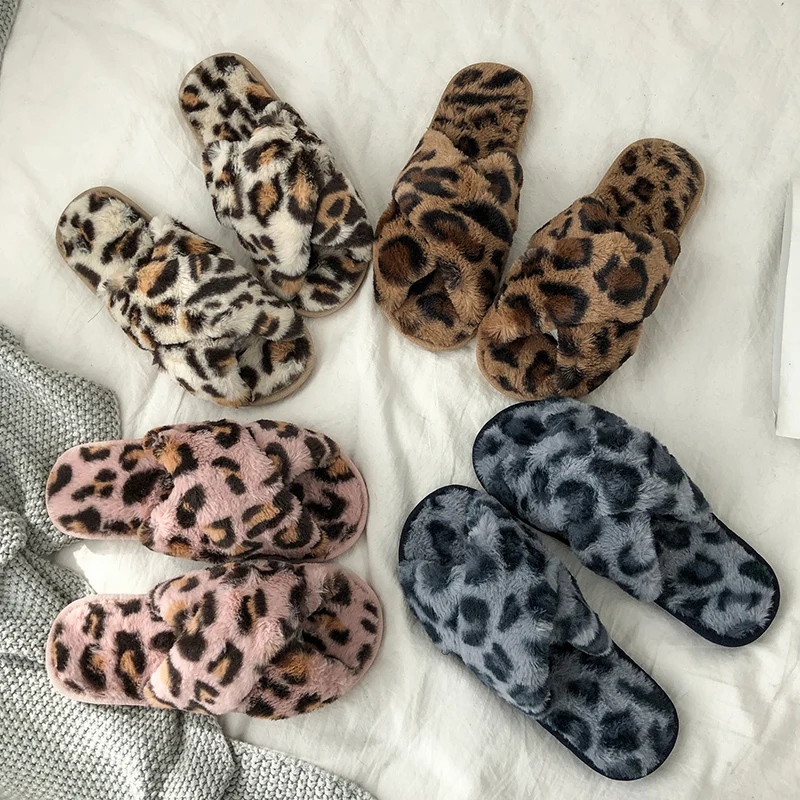 

Vabadus Fur Women Slippers Cute Leopard Warm Winter Home Shoes Indoor Soft Slip On Flats Slippers Casual Fashion Slides yt102