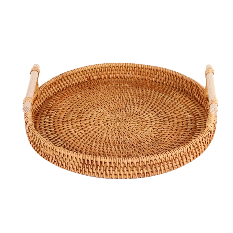 

Rattan Storage Tray, Round Basket with Handle, Hand-Woven, Rattan Tray Wicker Basket Bread Fruit Food Breakfast Display L