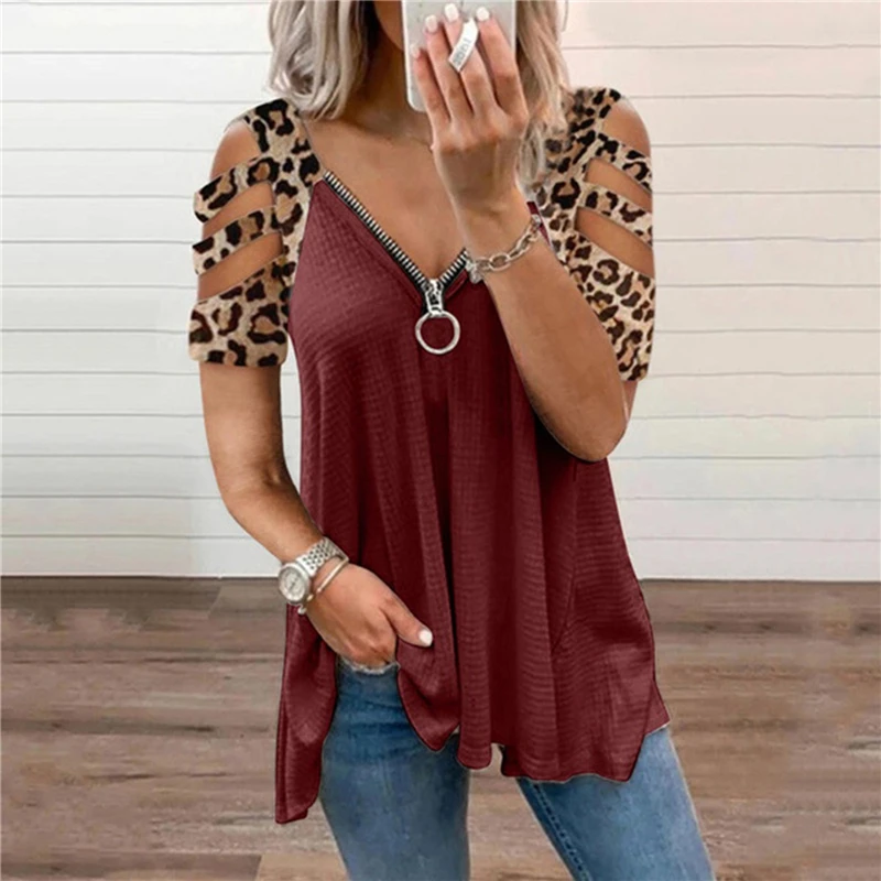 

Summer Zipper V-Neck Shirts For Women Sexy Fashion Women'S Casual Blouse Leopard Patchwork Short Sleeve Tunic Tops Chemise Femme