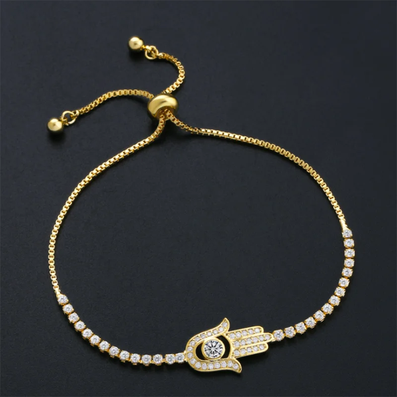 

Hamsa Hand Bracelet Golden Silver Color Adjustable Unique Design Bangles Bracelets For Women Female Shiny Rhinestone Jewelry