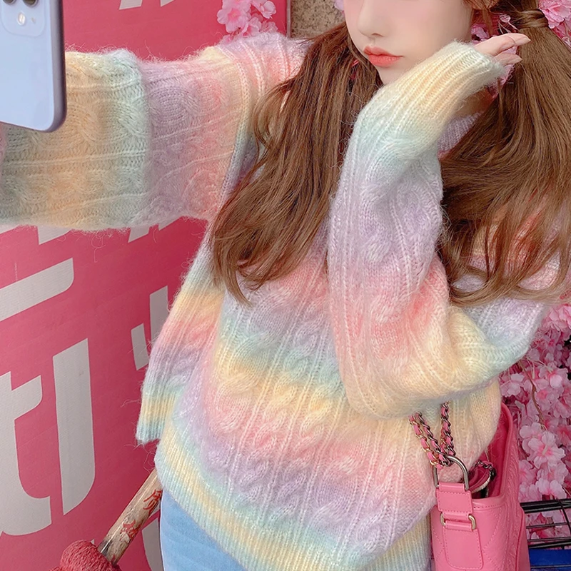 

Rainbow Knitted Cardigan Women Autumn Winter Button Long Cardigan Female Korea Style Sweet Kawaii Sweater Coat Female 2021 Cute