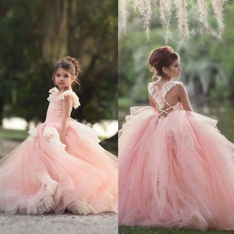 Pink Puffy Flower Girl Dresses for Wedding Layered Tulle Lace appliques Kids Pageant Party Birthday Gown for girls