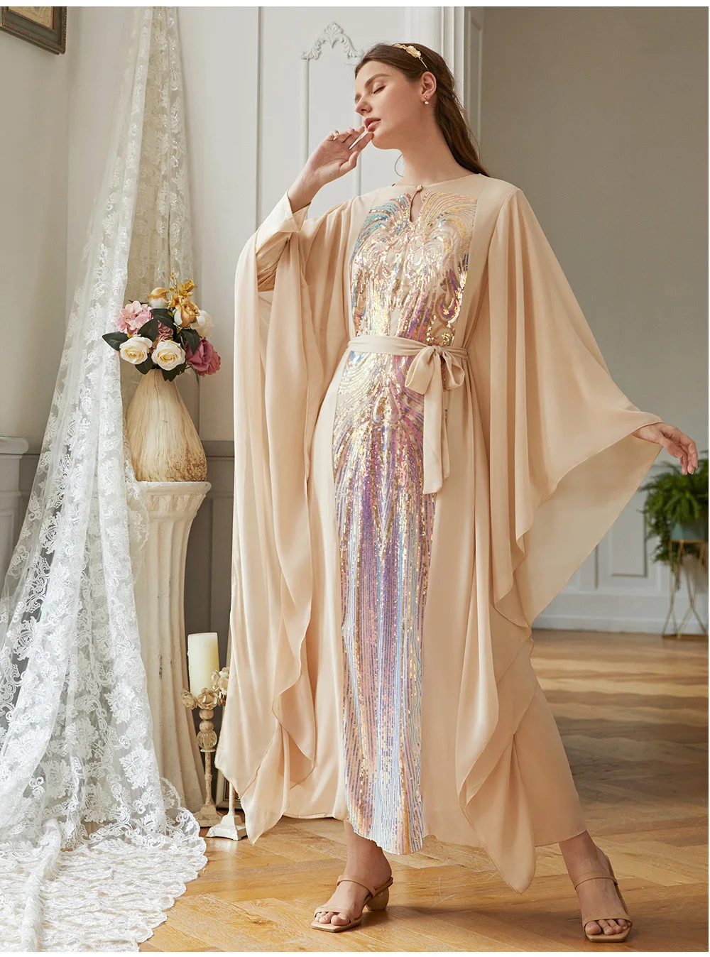 

Beautiful Women Party Dress Sparkle Sequins Long Sleeves O Neck Ruffles Elegant Lady Muslim Arabic Ramadan Miidle East Dresses