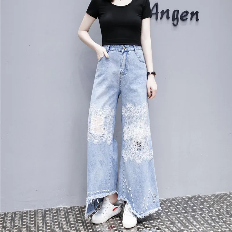 

Fashion Women Washed Lace Flower Jeans Female High Waist Denim Loose Wide Leg Pants Irregular Tassels Hole Ripped Jeans Trousers