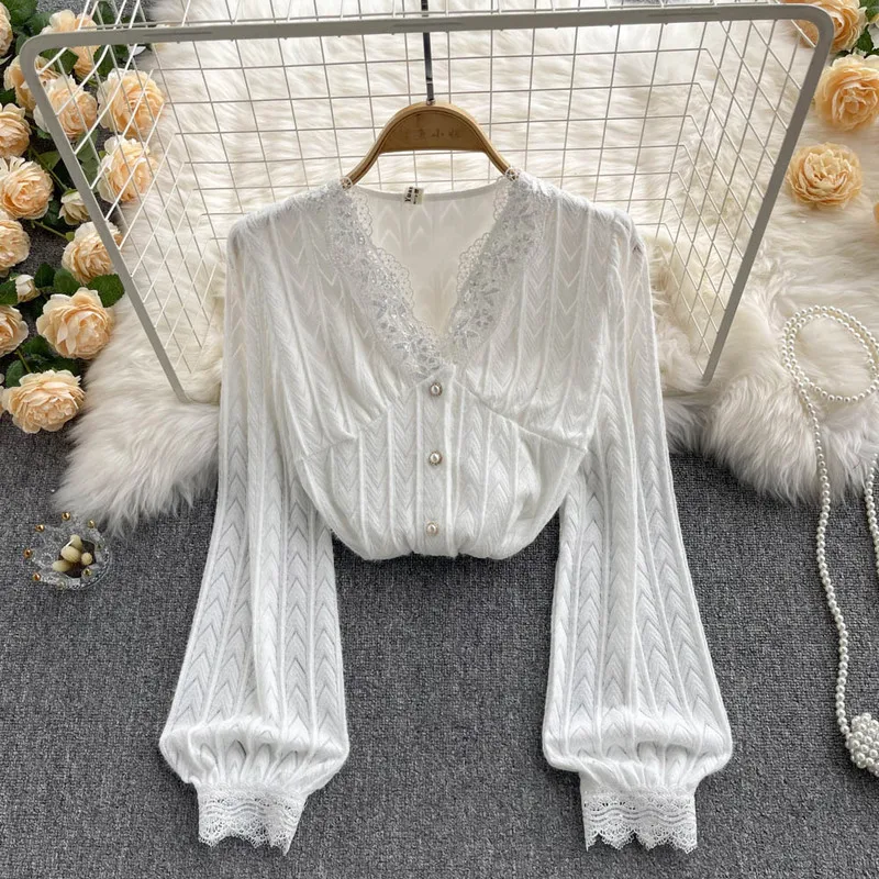 

Lace Patchwork Sequin Blouse Women 2022 Spring New Jacquard V Neck Lantern Sleeve Ladies Blusa Shirts Fashion Casual Female Tops