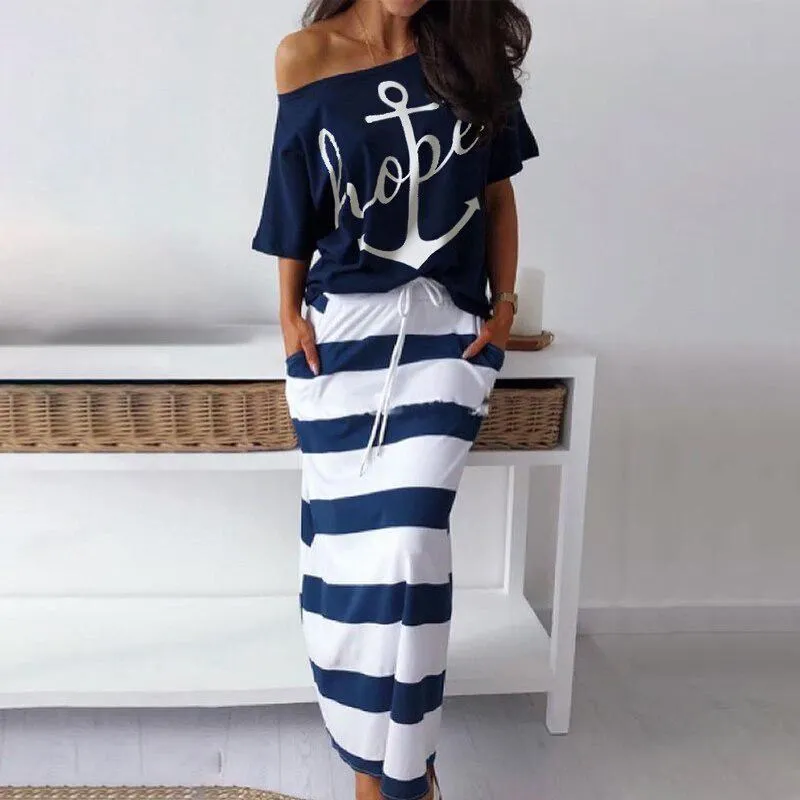 

Women Off Shoulder Blouses T-shirt & Striped Maxi Dress Summer Slim Slash Neck 2 Pieces Sets Female Casual Ankle-Length Dress