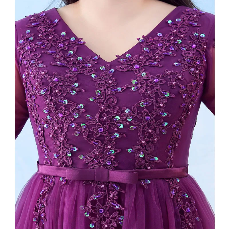 YULUOSHA 2020 New V-neck Large Size Purple Chiffon Long Sleeve Slim Beading Vintage Evening Dress Vestidos De Fiesta Noche | Свадьбы и