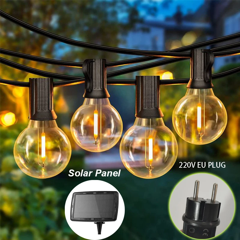 

31ft Solar / 220V Garland Festoon Fairy String Lights LED Bulb Outdoor Garden Wedding Party Christmas Holidays Decorations 2022