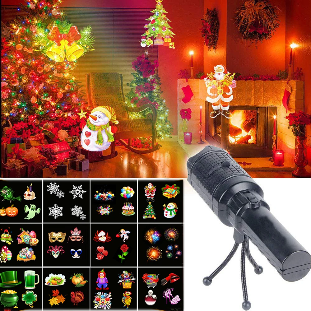

12Pattern Halloween Christmas Projector Light 2in1 Handheld LED Snowflake Landscape Flashlight Projection Lamp for Holiday Decor