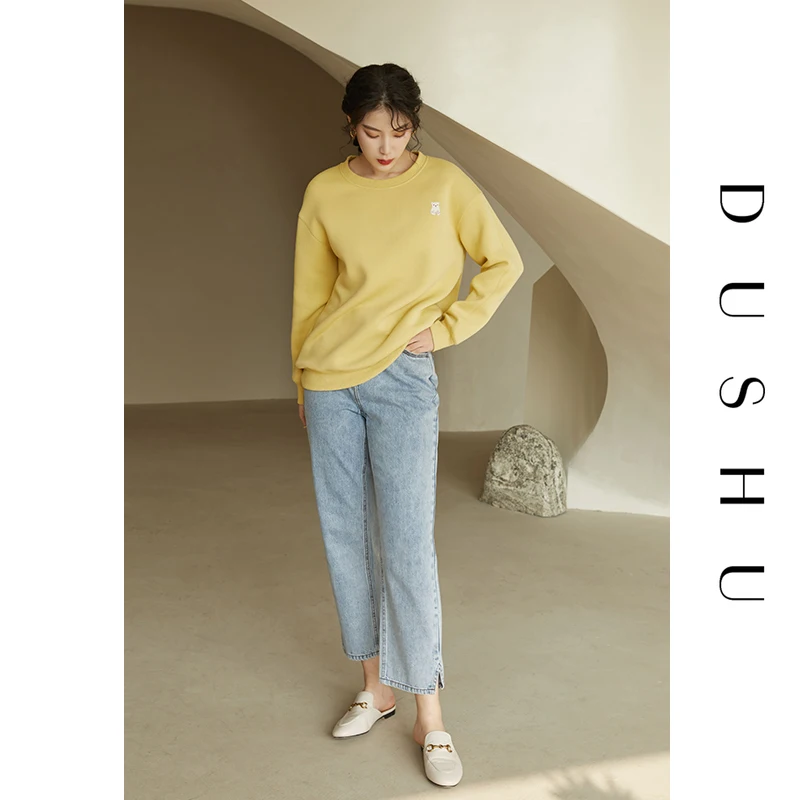 

Женские джинсы DUSHU, светло-голубые укороченные зауженные штаны в стиле ретро, с разрезами, весна 2021