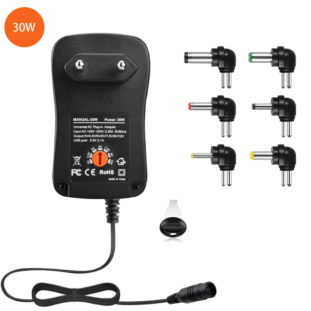 

30W Universal AC Adapter, 3V 4.5V 5V 6V 7.5V 9V 12V Multi Voltage Adaptor Switching Power Supply with 6 Selectable Tips Plug