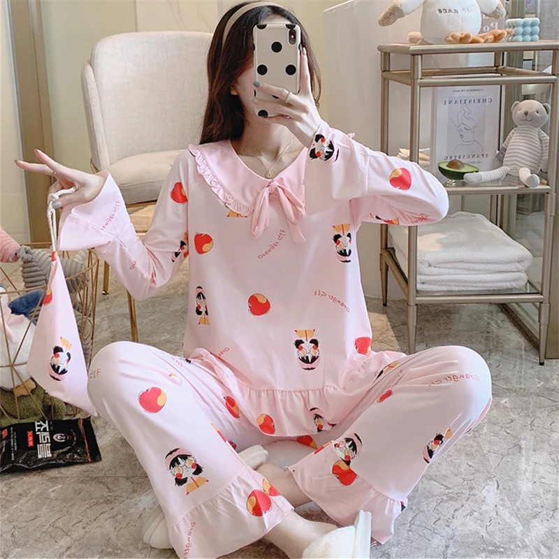 

Пижама женская хлопковая с длинным рукавом, пуловер свободного кроя, милая верхняя одежда для студентов, домашняя одежда на лето