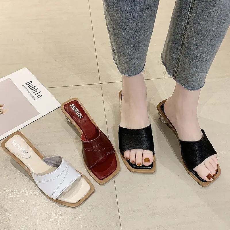 

Female Slippers Square Toe Thick Heels Women Shoes PU Leather Sandals Ladies Fashion Slides Summer Solid Red Black Shoes 2021